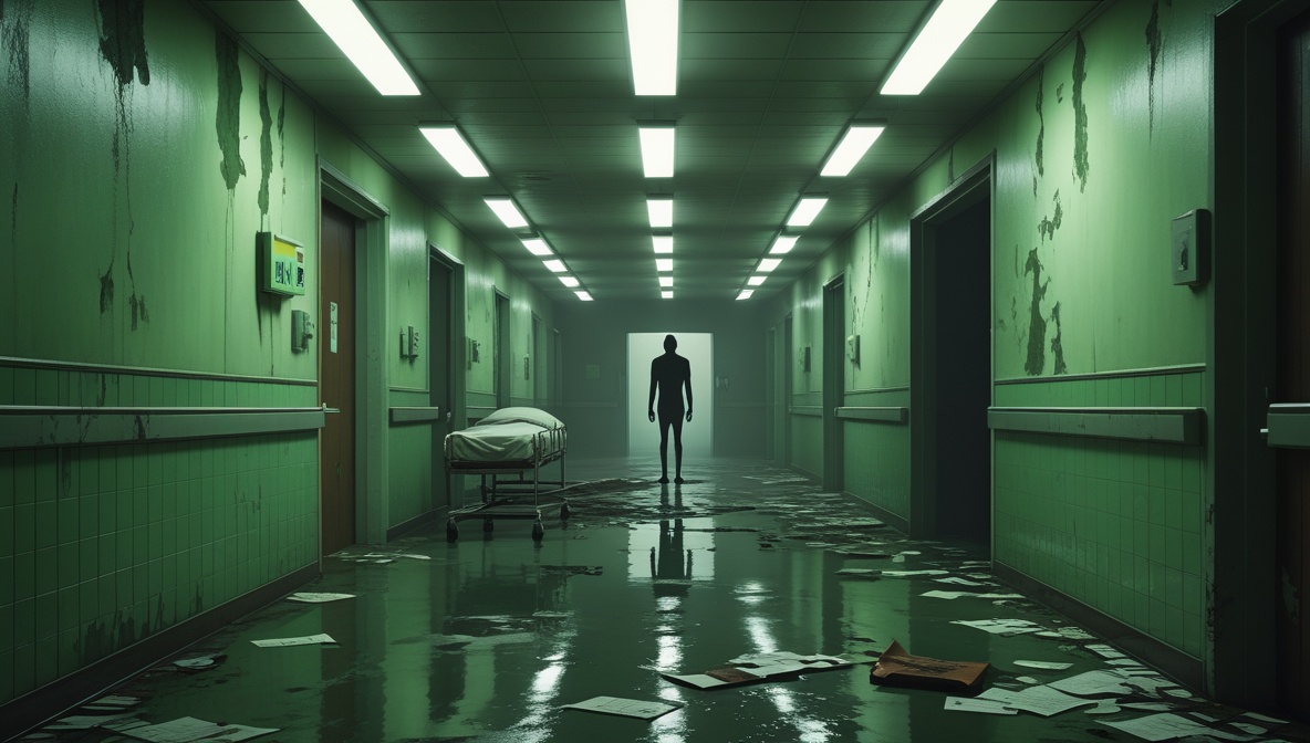 Room 507 — a dark, abandoned county hospital corridor at night with a lone figure at the far end